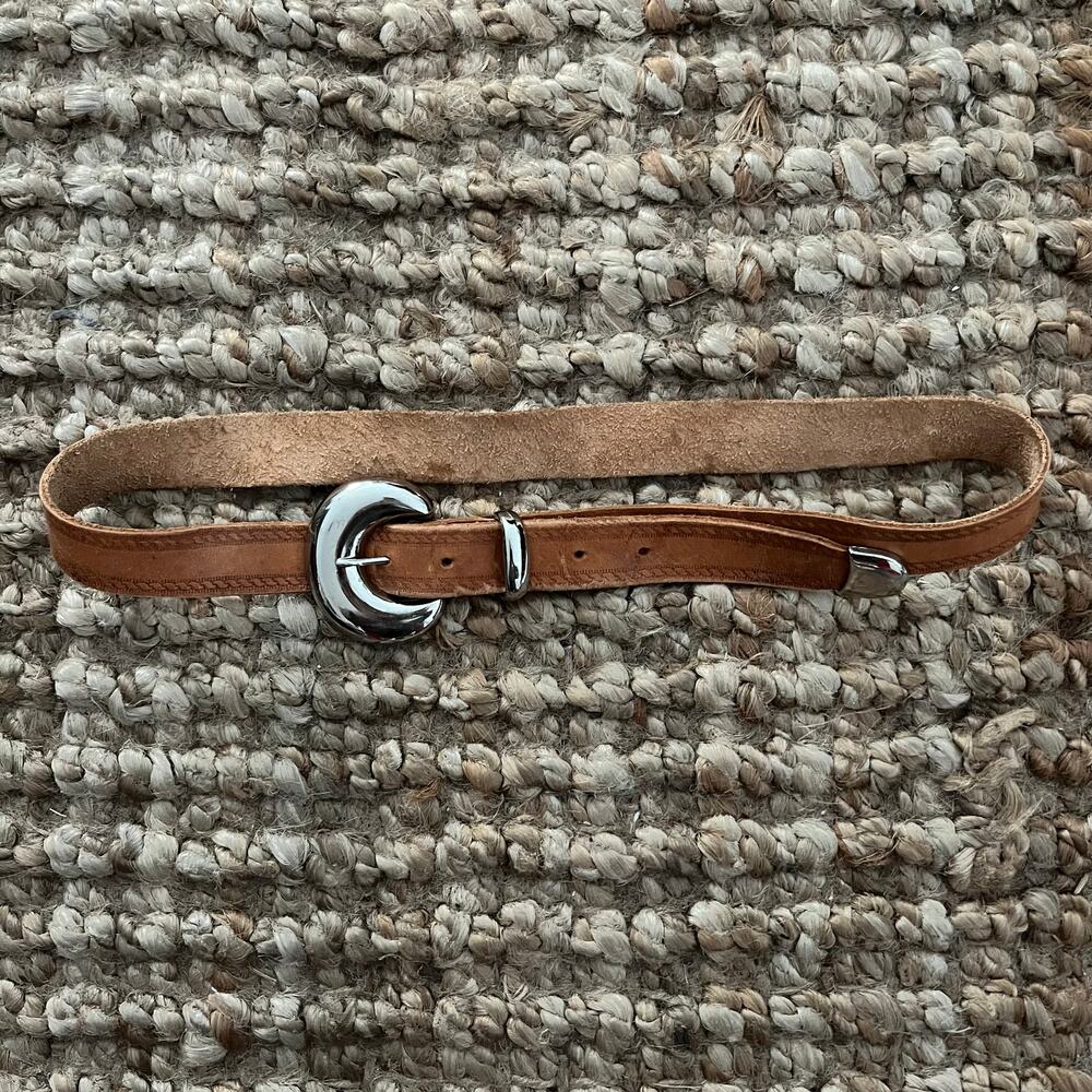 Women’s Leather Western Waist Belt Brown Silver Round Buckle Small Boho